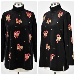 Karen Scott Vtg 90s Black Velvet Candy Cane Gold Bows Stars Holiday Top Size M